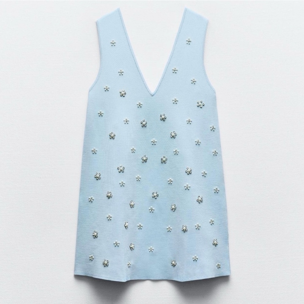 Zara baby blue mini dress with jewel and pearl embellishments
